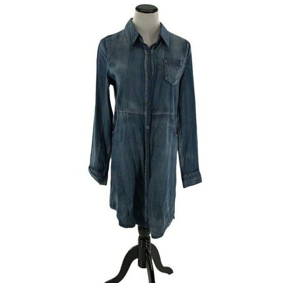 E2 Clothing Chambray Dress Women's Size Medium Long Sleeve Elbow Patched Denim - Picture 1 of 9